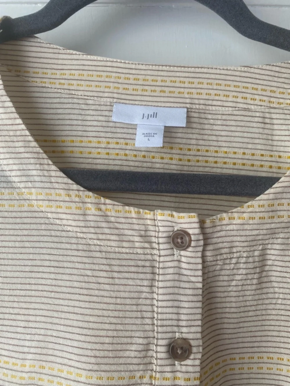 J Jill cream yellow stripe embroidered bell sleeve top blouse L - Picture 2 of 6